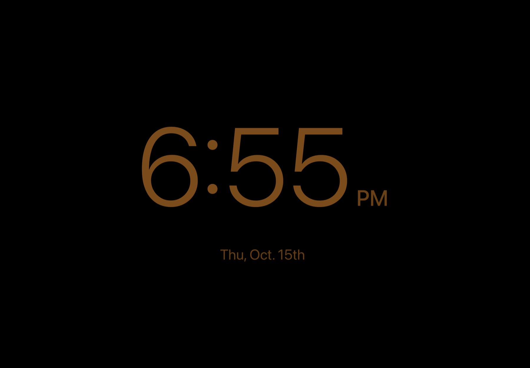 Night Mode: a large amber clock reading 6:55 PM on a black screen.